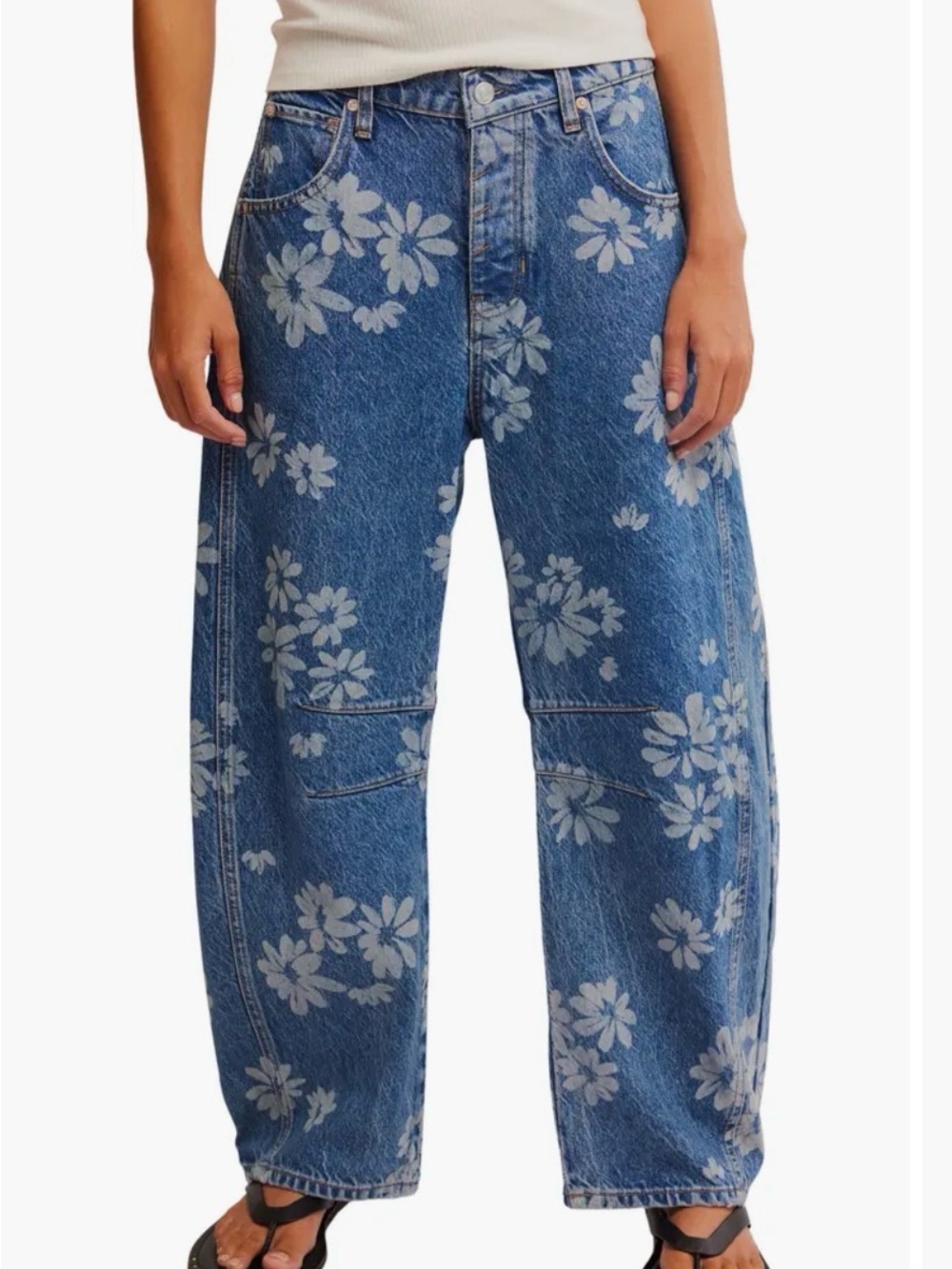 Free People Good Luck Printed Barrel Jeans in Laser Daisy